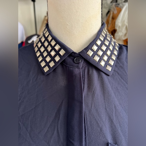 Katie k Sexy Metallic Studded Collar Navy Blue Shirt size Xs - Picture 2 of 8